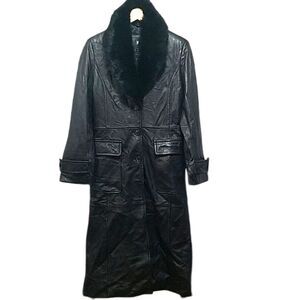 Azzure Vintage 90s Y2K Black Leather Full Length Trench Coat Real Fur Collar M